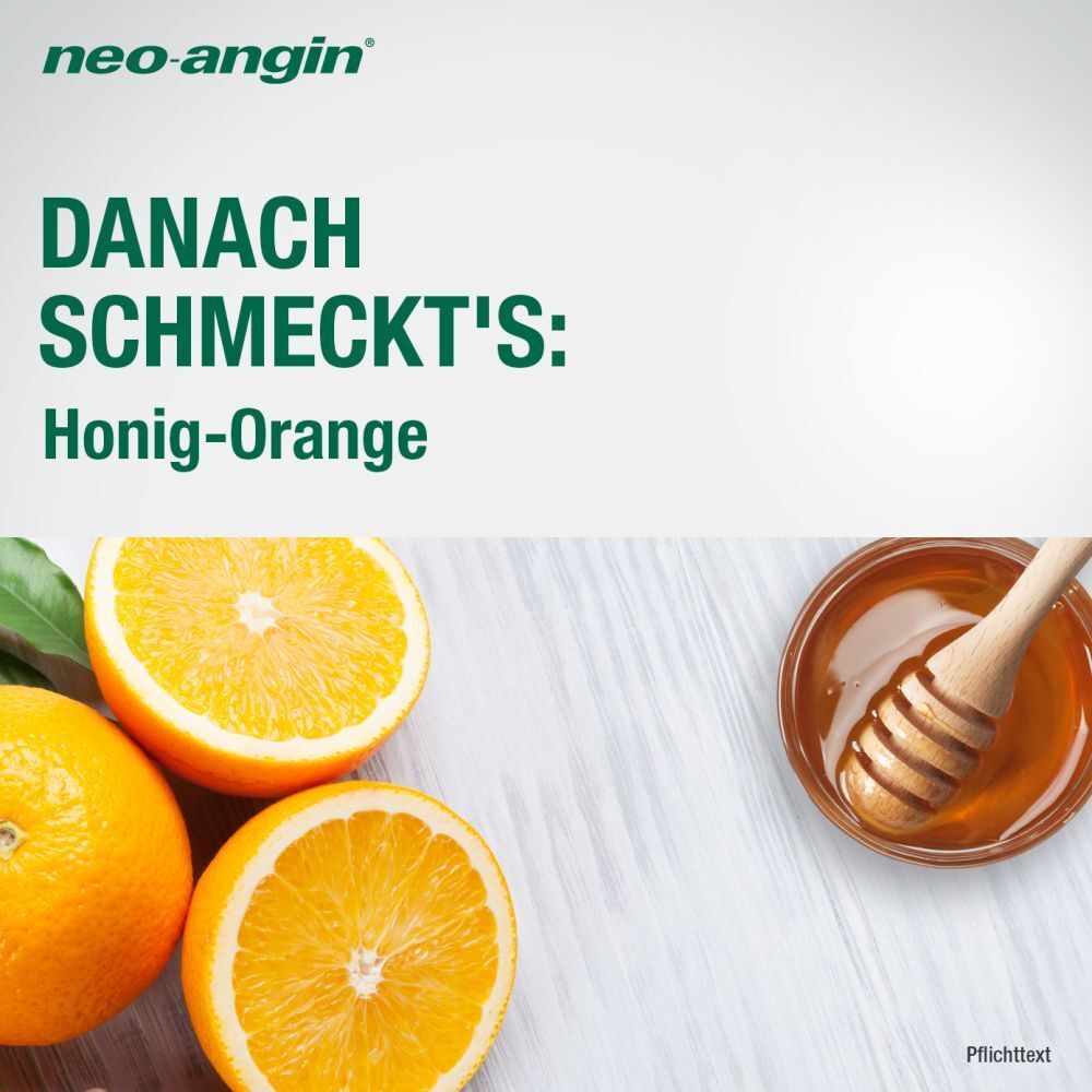 neo-angin Benzydamin gegen akute Halsschmerzen - Honig-Orangengeschmack - zuckerfrei