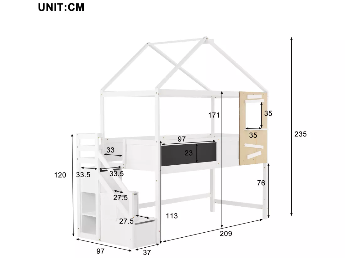 Lit mezzanine cabane 90x200cm avec escalier de rangement(3 tiroirs) en bois massif - Blanc