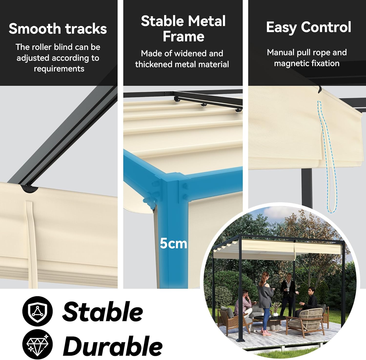 3x3m Outdoor Pergola Stabile Metallrahmen Gartenpavillon mit Wind- & Sonnenschutz Schiebedach, Freistehend Überdachung Einziehbare Markise für Garten Terrasse & Balkon (Beige)