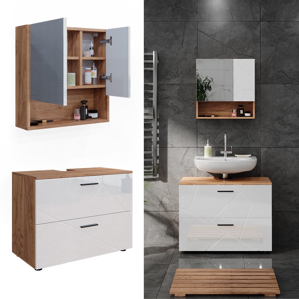 Vicco Badmöbelset Irma Eiche Weiß Hochglanz modern Badezimmerschrank Badschrank Badezimmermöbel Waschtischunterschrank Spiegelschrank Schrankschublade Schrankfach Schranktür