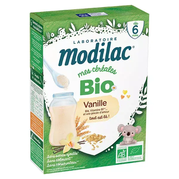 Cereais orgânicos de baunilha Modalac para bebês a partir de 6 meses, 250g
