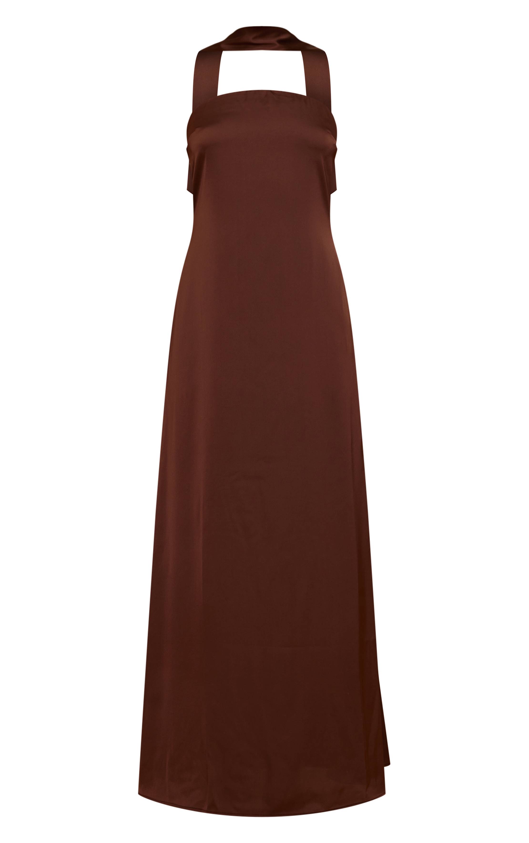 Chocolat Robe Longue Bandeau En Satin Avec Détail Foulard