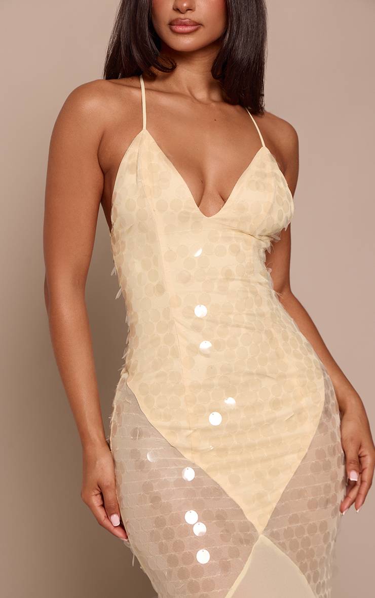 Butter Yellow Robe Longue Petite Taille À Col V En Mousseline Avec Buste À Sequins Citron Et Bas Sirène