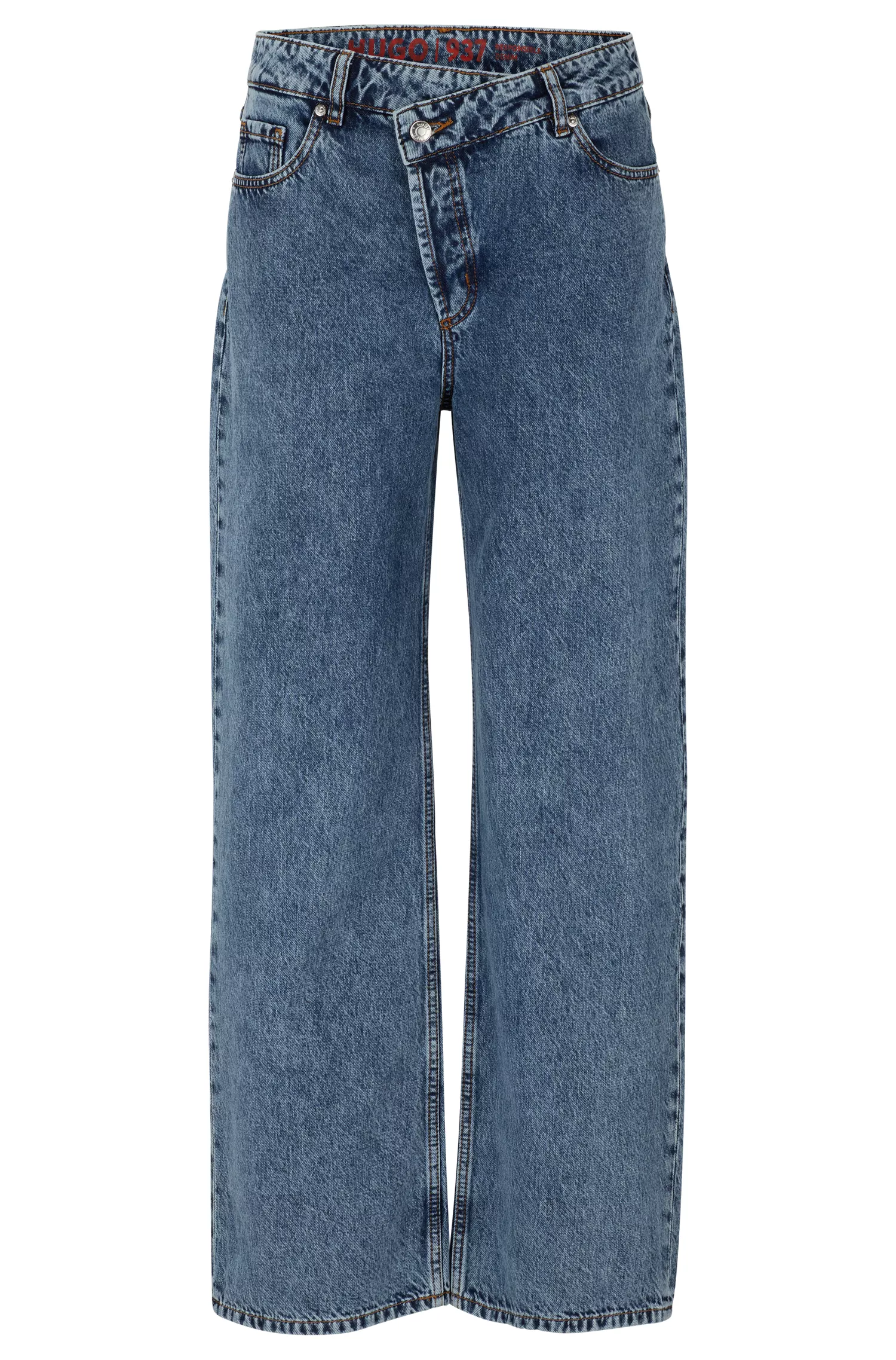 Calça jeans HUGO vermelha, modelagem relaxada, em denim rígido azul.