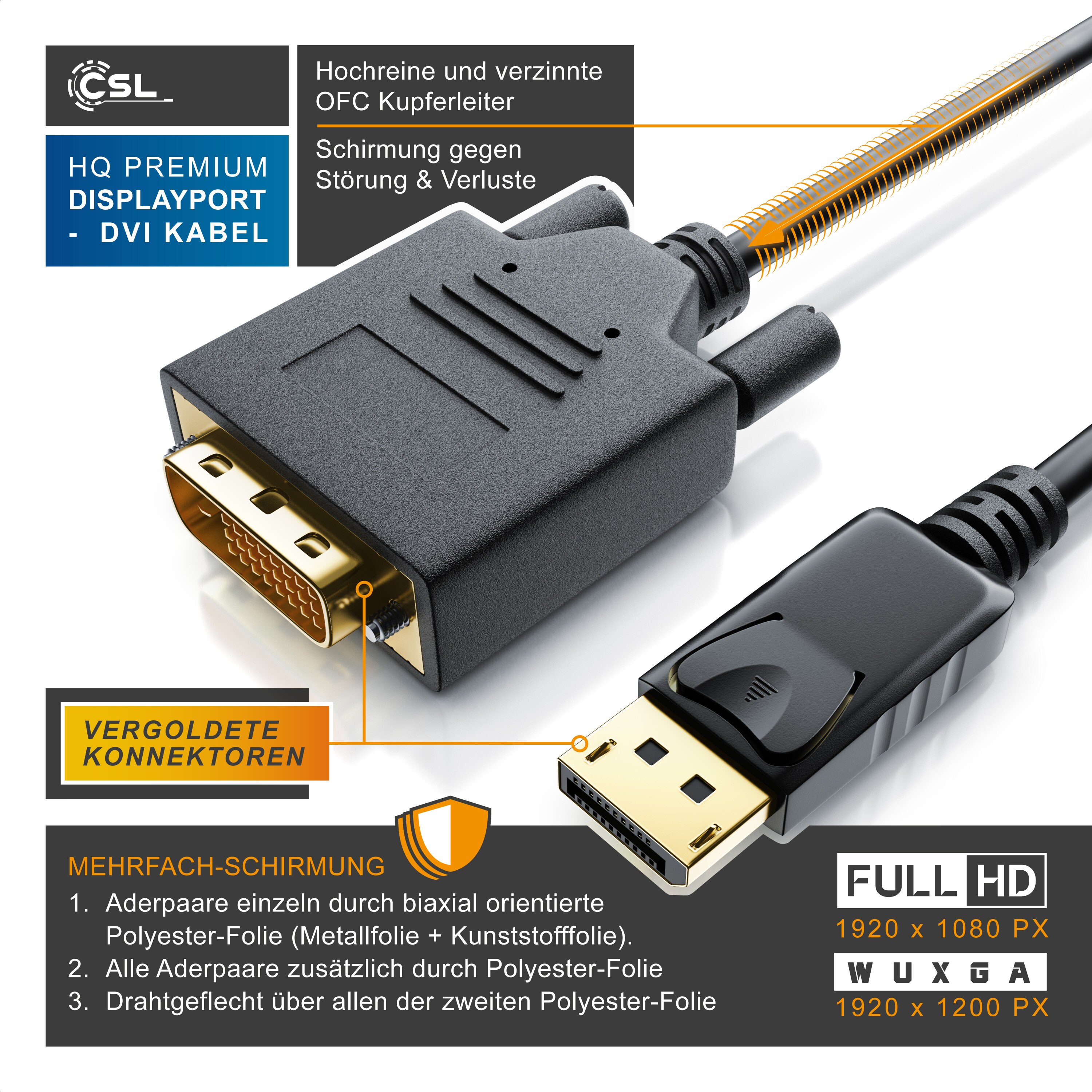 CSL DisplayPort Video-Kabel, 20 Pins, DVI-D, Monitorkabel, HDCP und EDID Zertifiziert, FHD Ausflösung - 2m