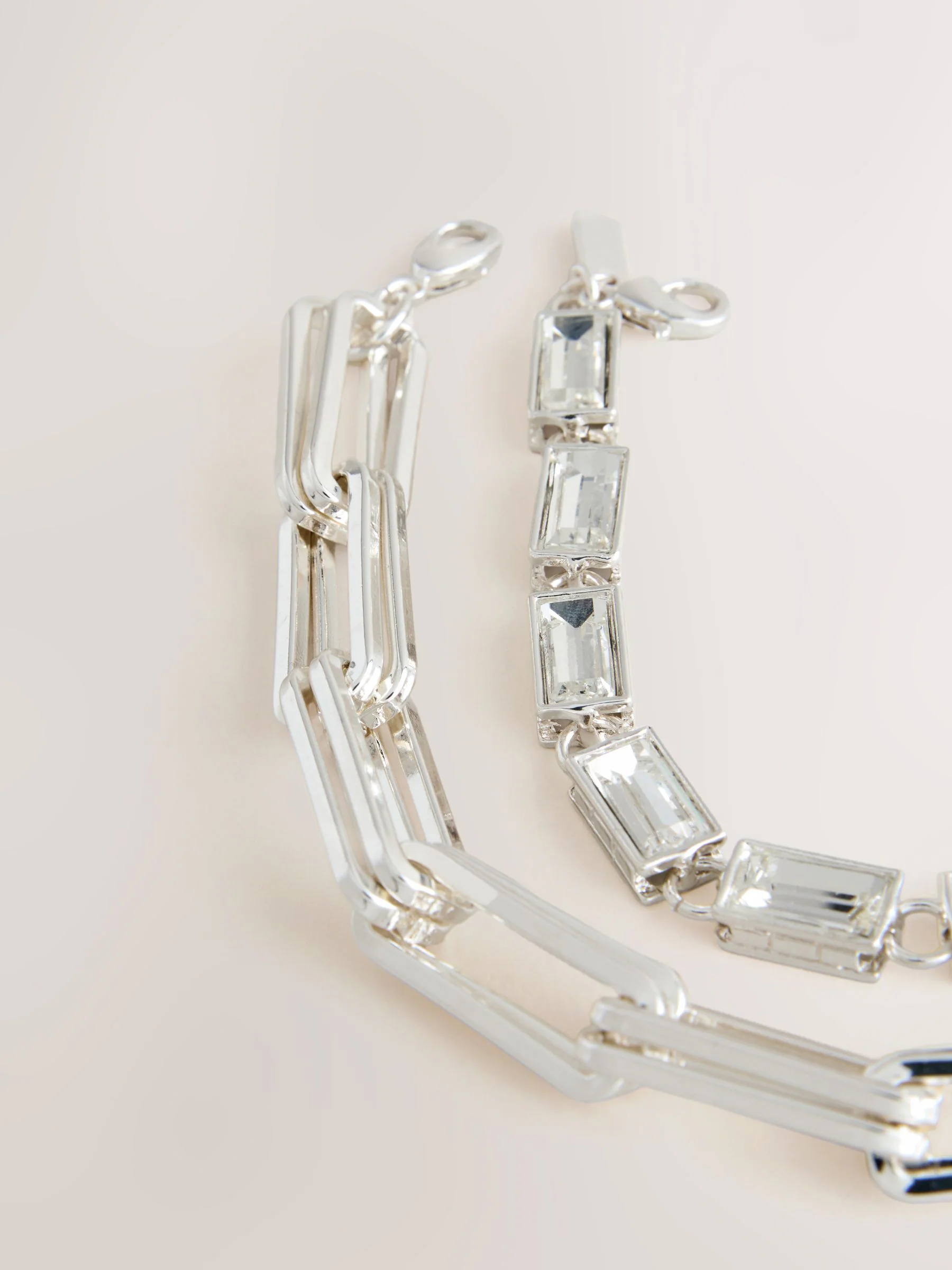 Zilverkleurig - Link Chain And Baguette Glass Stone Bracelets Pack