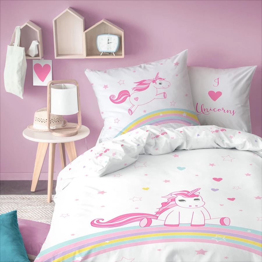 MTOnlinehandel Bettwäsche Kinder-Bettwäsche, Flanell, 80x80 + 135x200 Einhorn