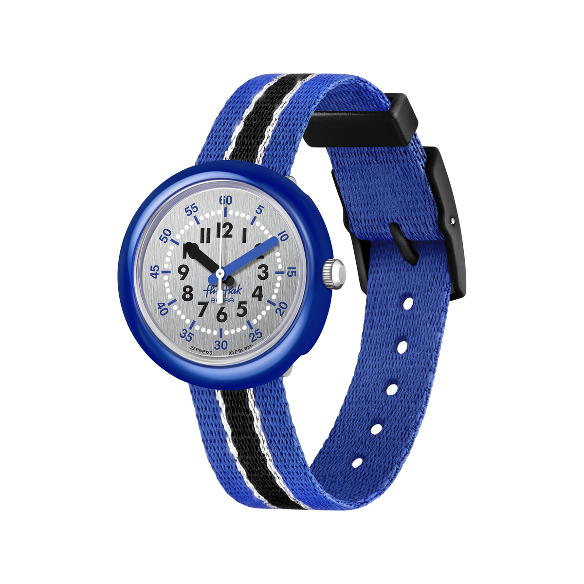 Montre FLIK FLAK Shine Bright Christmas enfant plastique biosourcé bracelet tissu recyclé  bleu