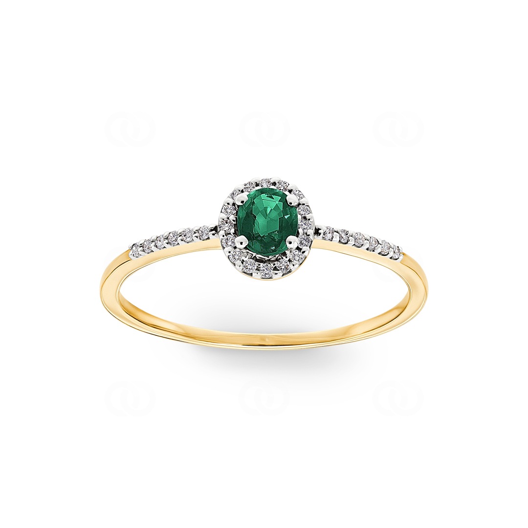 Damenring 750/18 K Gelbgold mit Smaragd oval & Diamanten 0.08 ct H/si