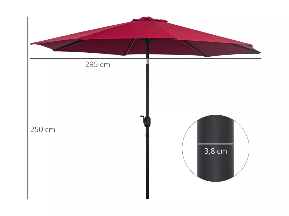 Parasol en métal rond polyester 180g/m² manivelle inclinable Ø 3 x 2,45 m bordeaux