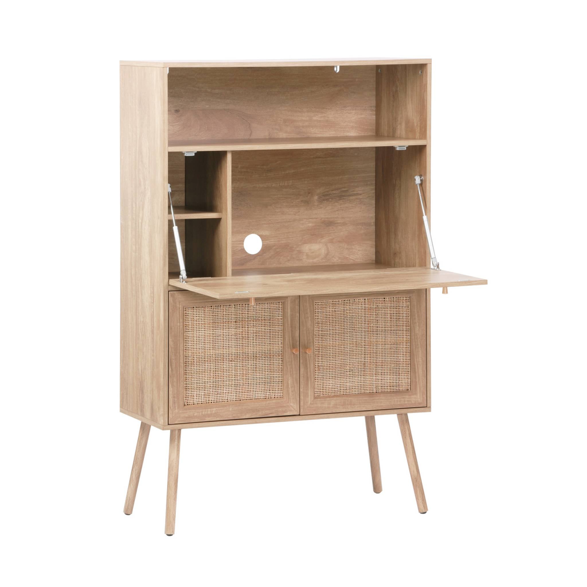 sweeek - 2-deurs schrijftafel met legplanken, hout- en rotan effect
