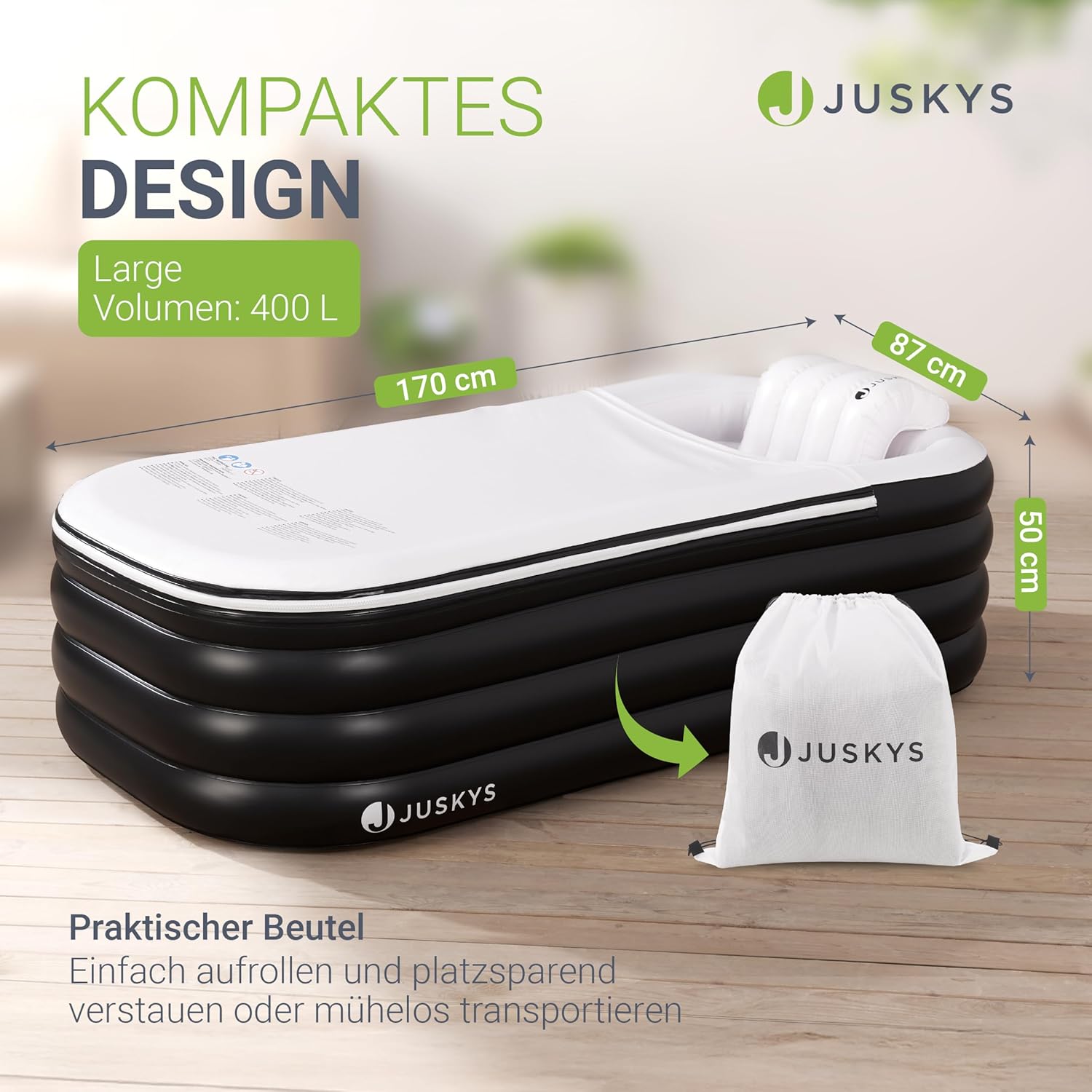 Juskys Aufblasbare Badewanne L - Outdoor Wanne für Erwachsene, faltbare, mobile Eistonne mit Rückenlehne für den Balkon, Eisbad mit Abdeckung & Pumpe