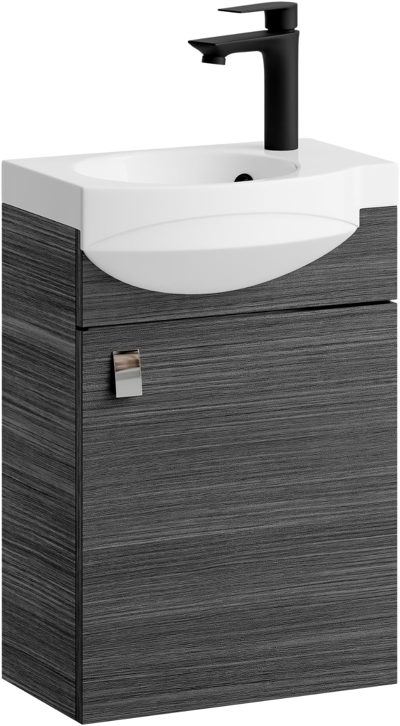 Planetmöbel Badmöbel Set Waschtisch mit Unterschrank 40 x 60 x 29 cm mit Waschtischarmatur schwarz für Badezimmer, Gäste WC & Bad, Anthrazit