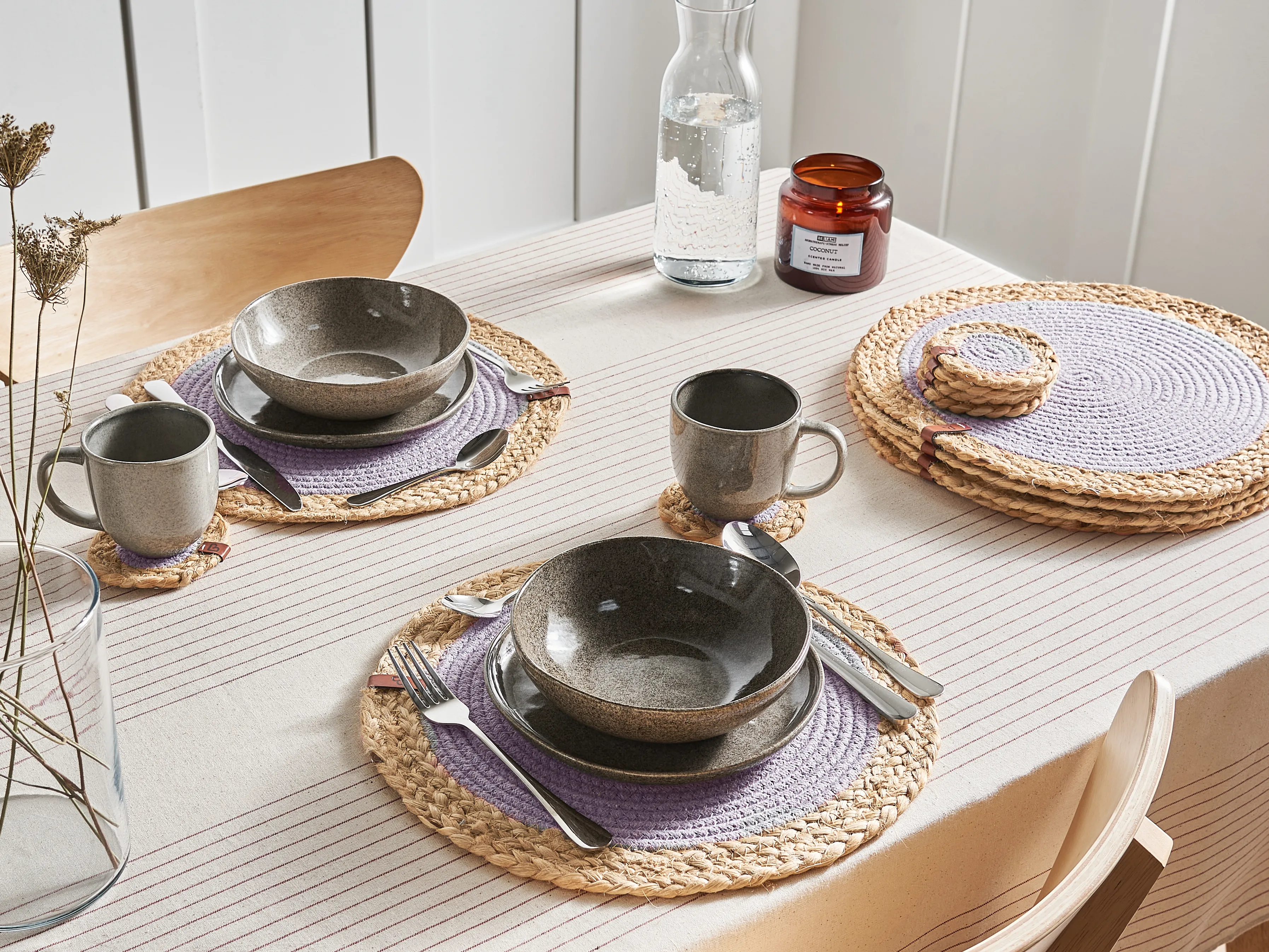 Placemats en onderzetters set ROSELLA Grijs Jute Katoen