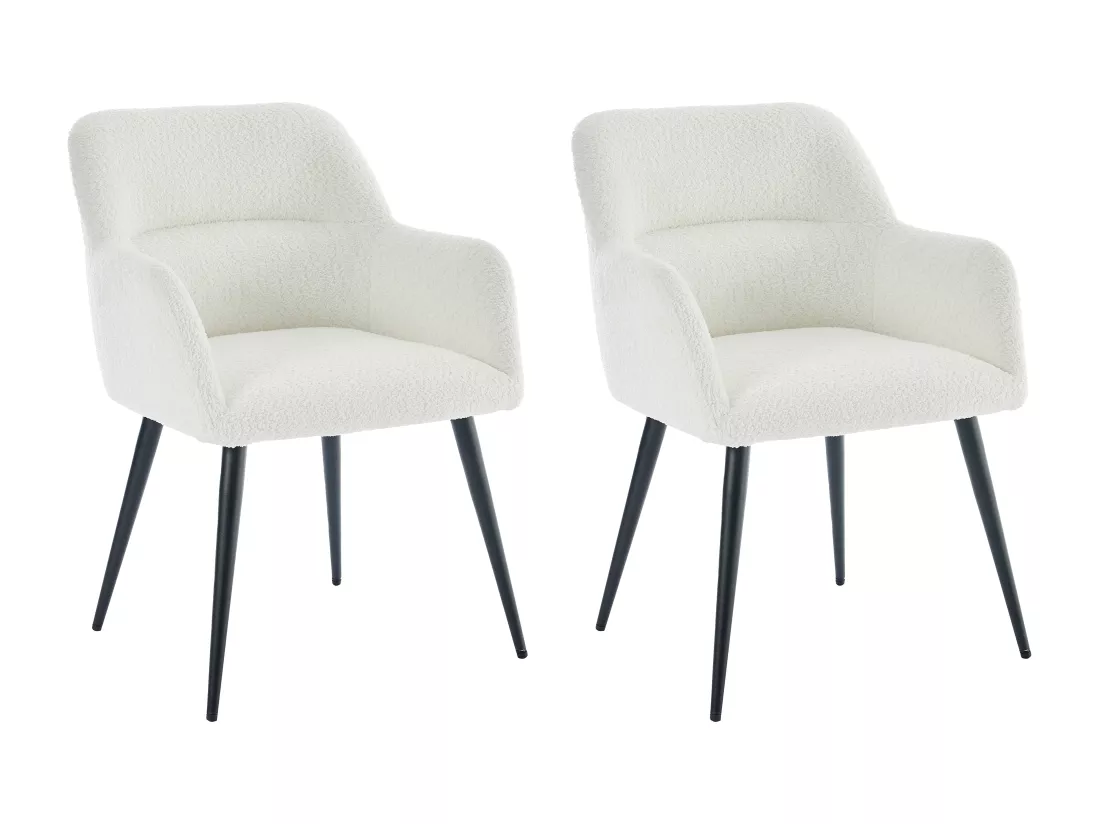 Lot de 2 chaises avec accoudoirs en tissu bouclette et métal noir - Blanc - HEKA