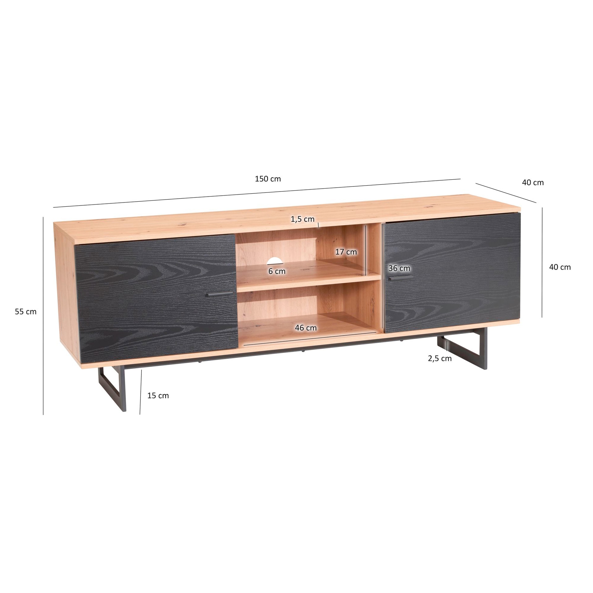 Lowboard 150 x 55 cm Eiche-Dekor/Schwarz