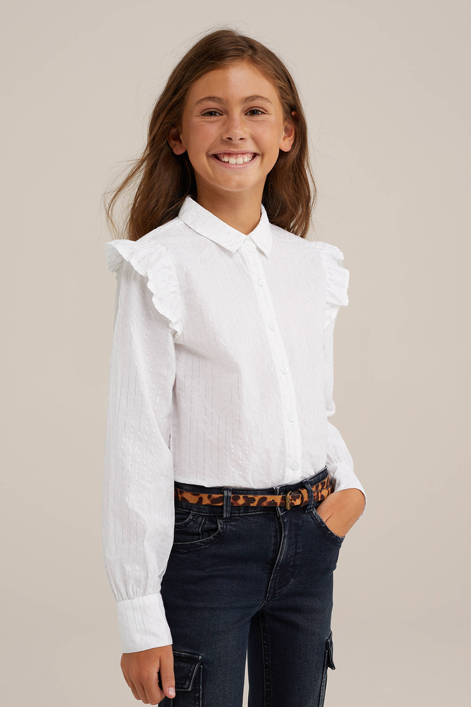 WE Fashion gestreepte blouse wit/zilver