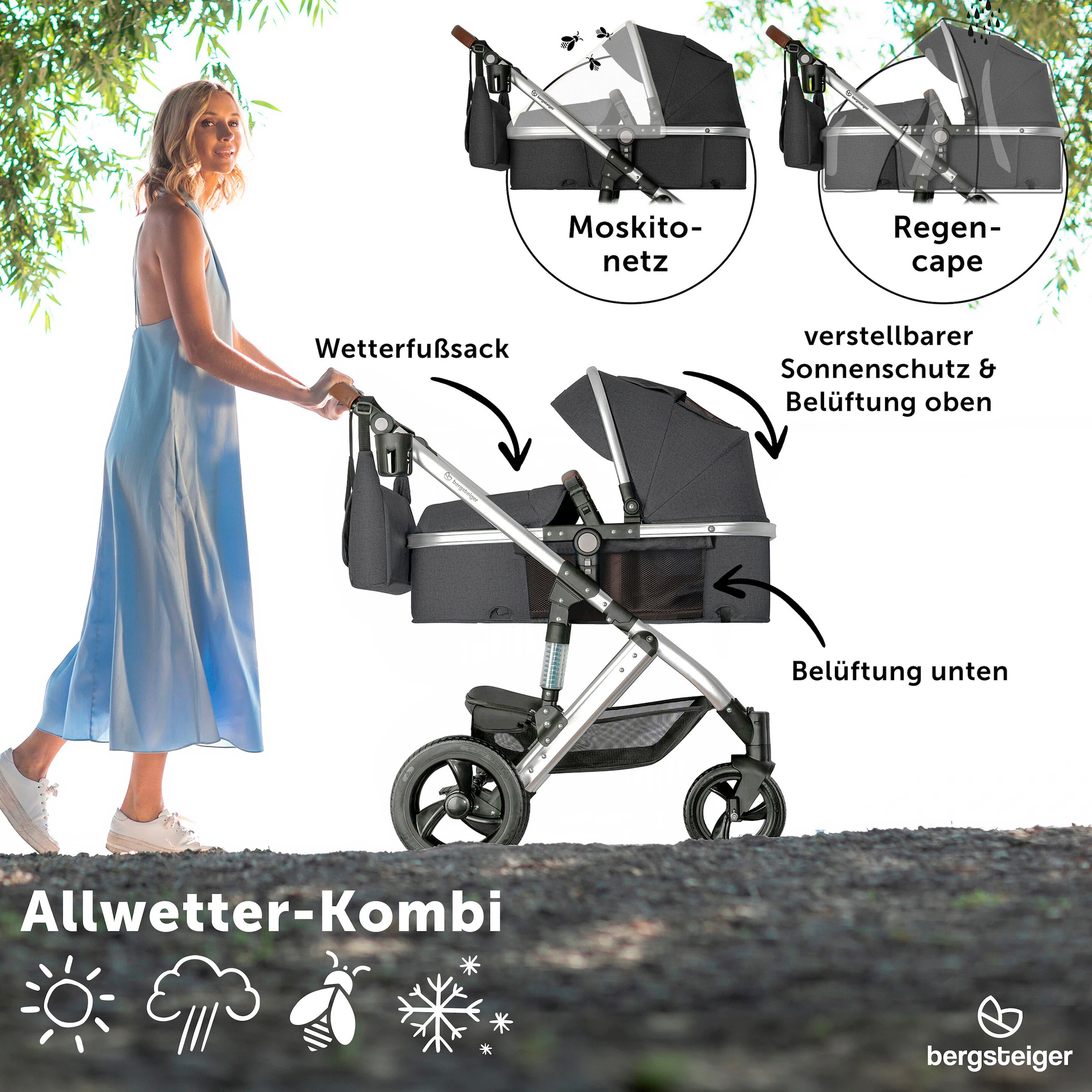Bergsteiger Kinderwagen Nizza + Babyschale grey | Gestell: silver