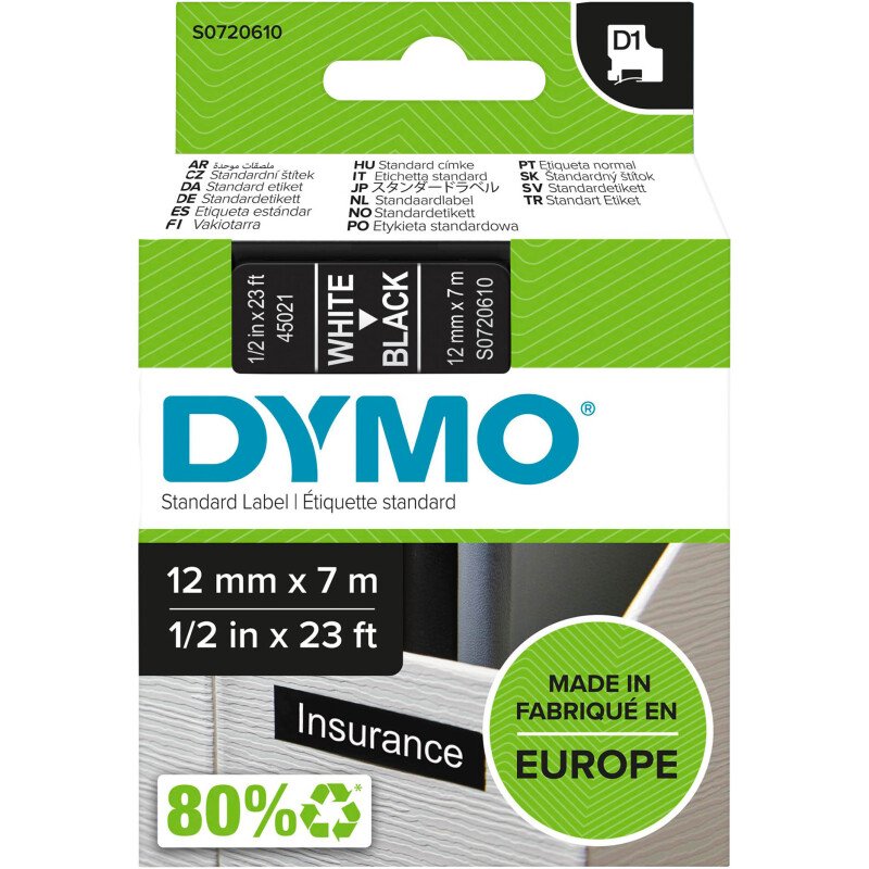 Ruban polyester Dymo D1 S0720610 12 mm noir écriture blanche