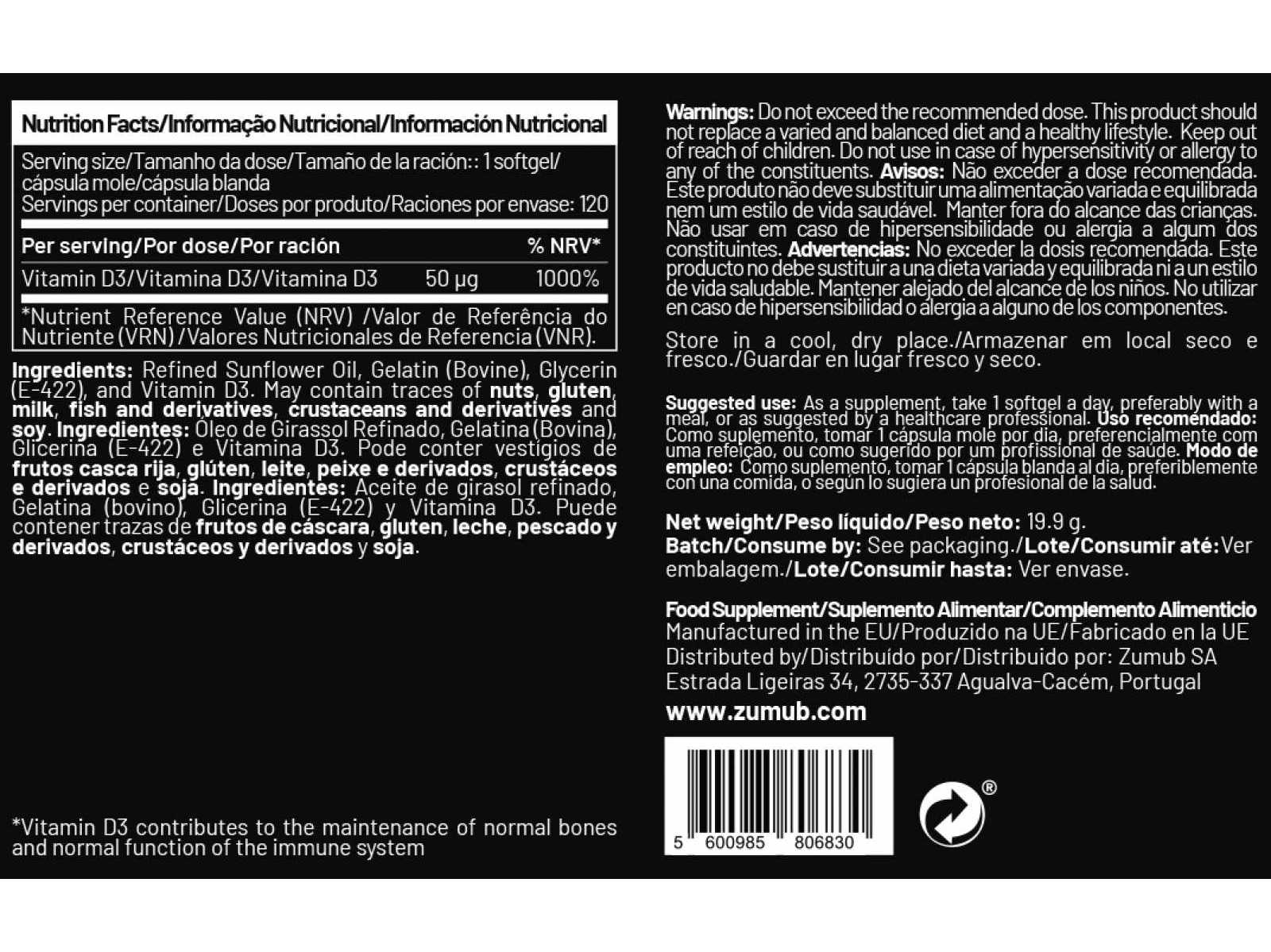 SUPLEMENTO ZUMUB VITAMINA D-3 120 CAPS
