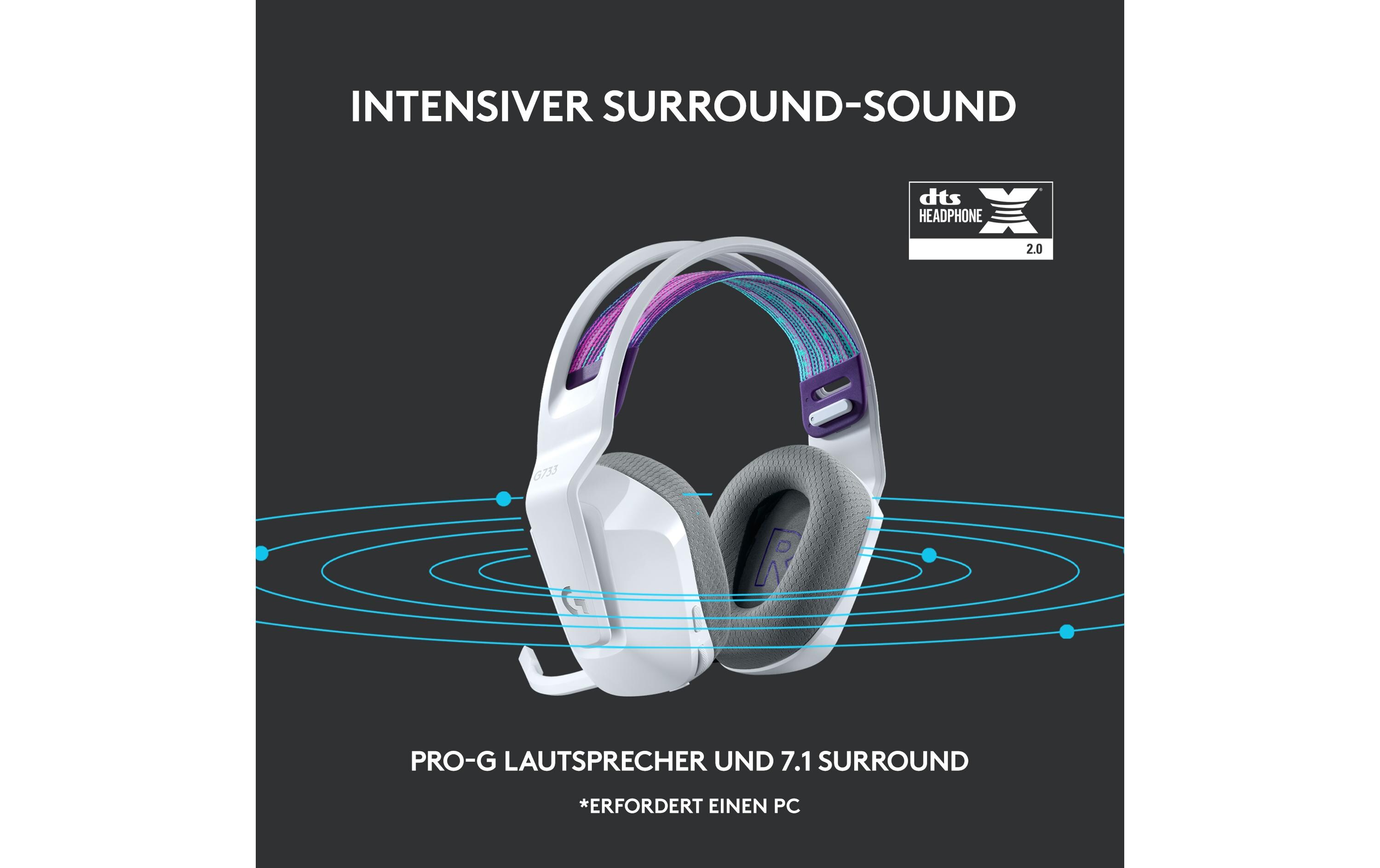 Headset G733 Lightspeed WeissWireless-Gaming-Headset mit DTS 7.1 Surround-Sound und RGB Beleuchtung