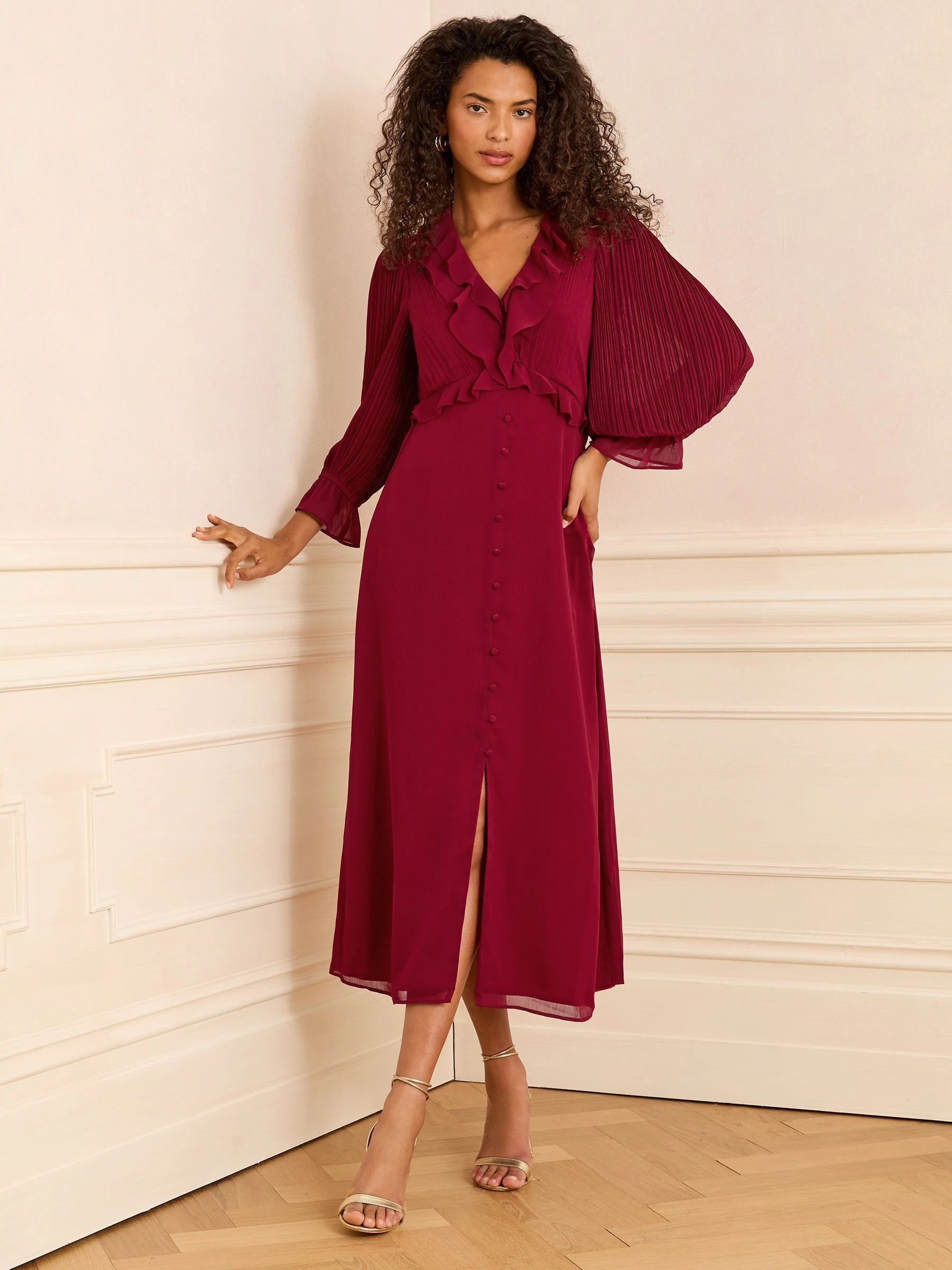 Rood - Love & Roses geplooide midi-jurk met ruches