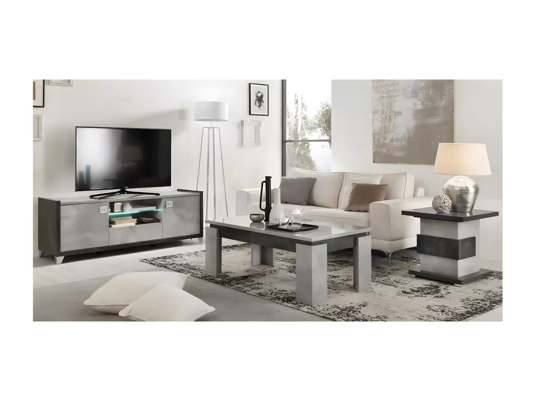 HOFFMAN - Meuble TV 2 Portes 160cm Gris Aspect Pierre avec Led