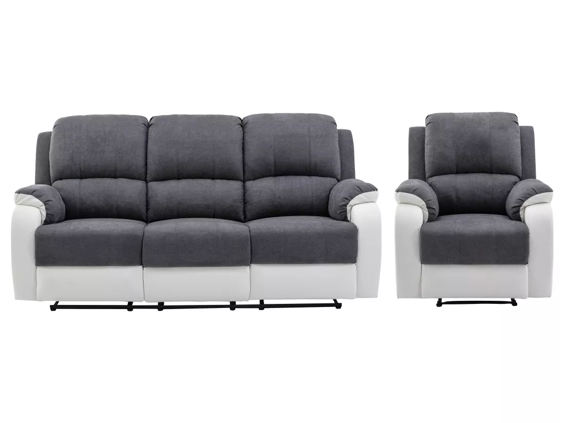 Canapé 3 places et fauteuil relax en microfibre et simili gris et blanc BRODY