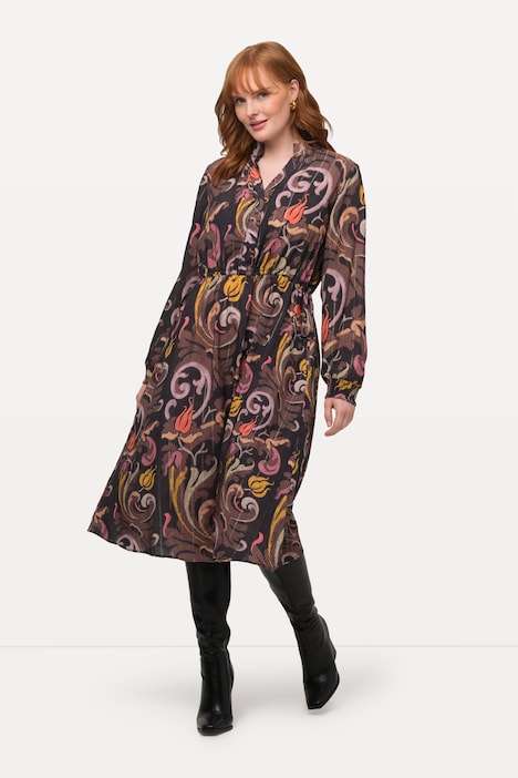 Kleid, Tunnelzug, Stehkragen, V-Ausschnitt, Langarm