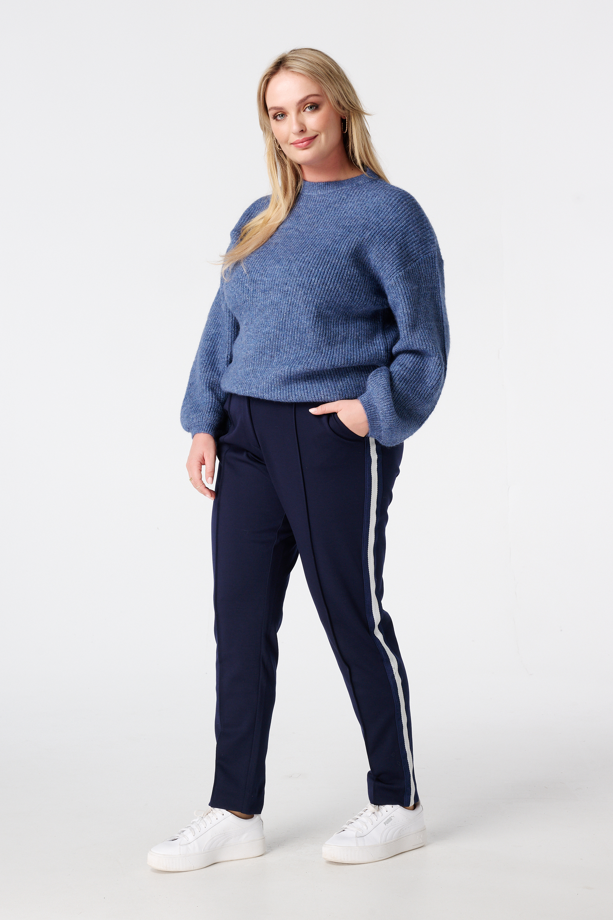 Tapered pantalon met bies aan de zijkant Navy blauw