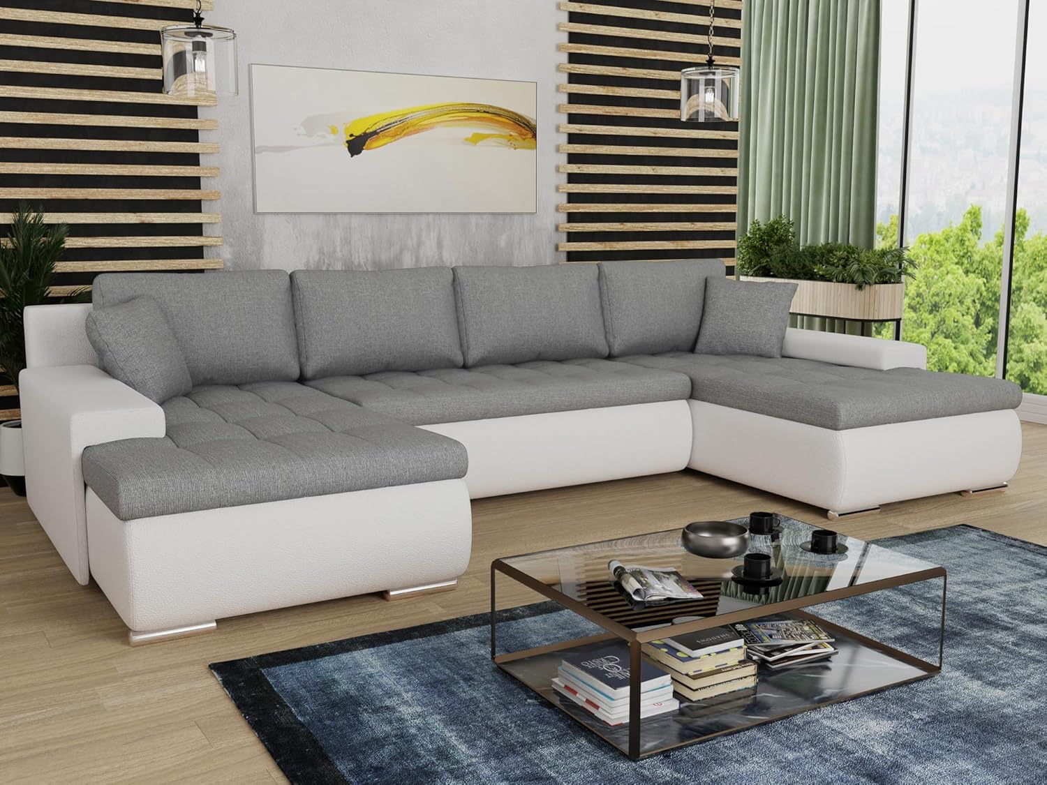 Sofnet Wohnlandschaft mit Schlaffunktion Faris U-Form - Couch, Schlafsofa mit Bettkasten, Couchgranitur mit Bettfunktion, Big Sofa, Bettsofa (Weiß + Grau (Madryt 120 + Inari 91))