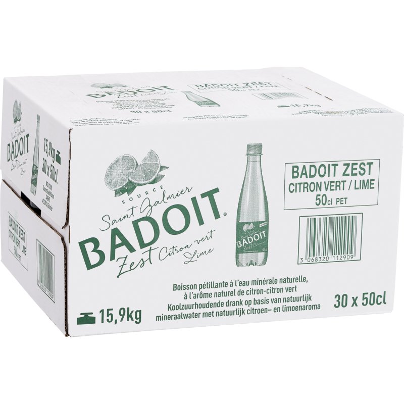 Eau gazeuse Badoit Zest citron vert 50 cl - 30 bouteilles
