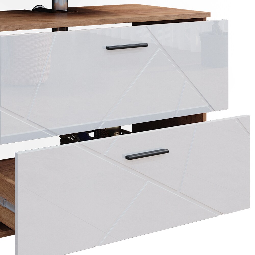 Vicco Badmöbelset Irma Eiche Weiß Hochglanz modern Badezimmerschrank Badschrank Badezimmermöbel Waschtischunterschrank Spiegelschrank Midischrank Hochschrank Schrankschublade Schranktür Schrankfach