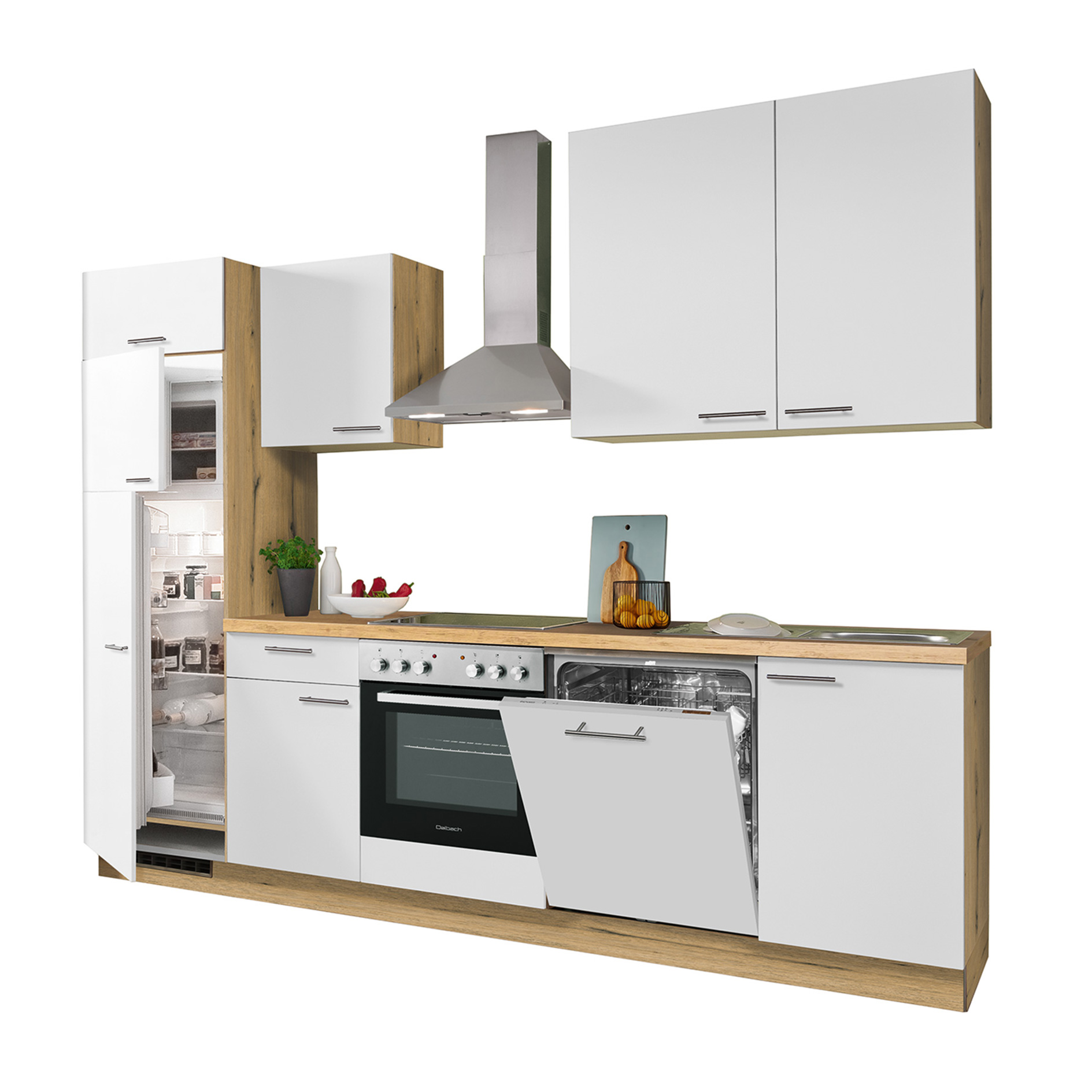 Küchenblock - weiß matt - Eiche Astig - mit E-Geräten - Kühlschrank links - 280 cm