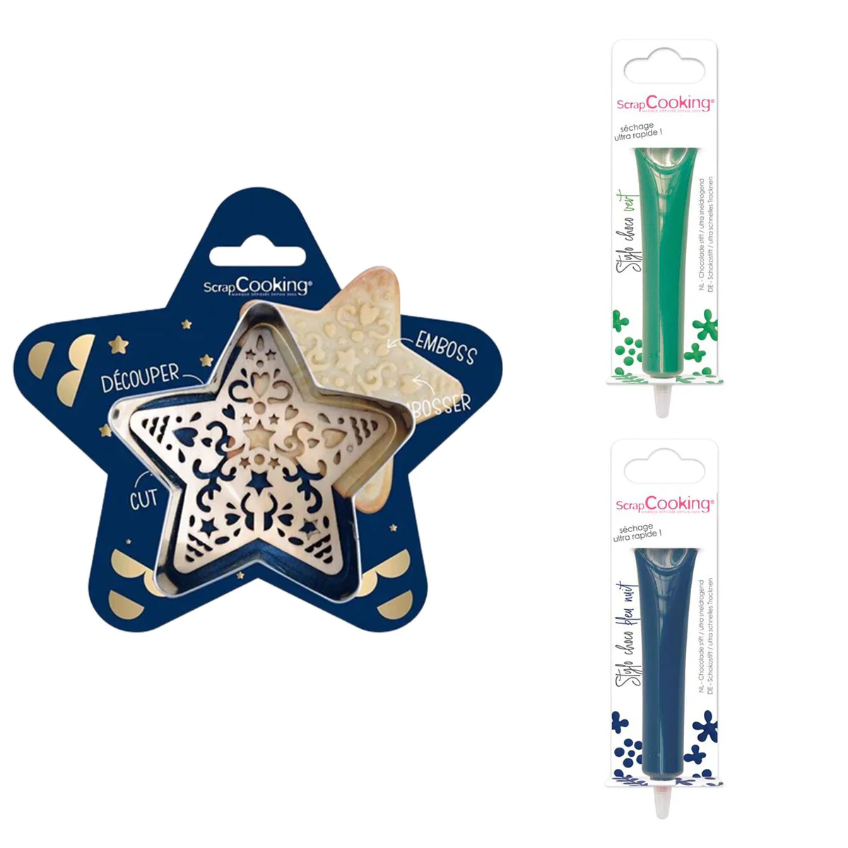 Kit pour biscuit en relief Étoile + 2 Stylos au chocolat vert et bleu