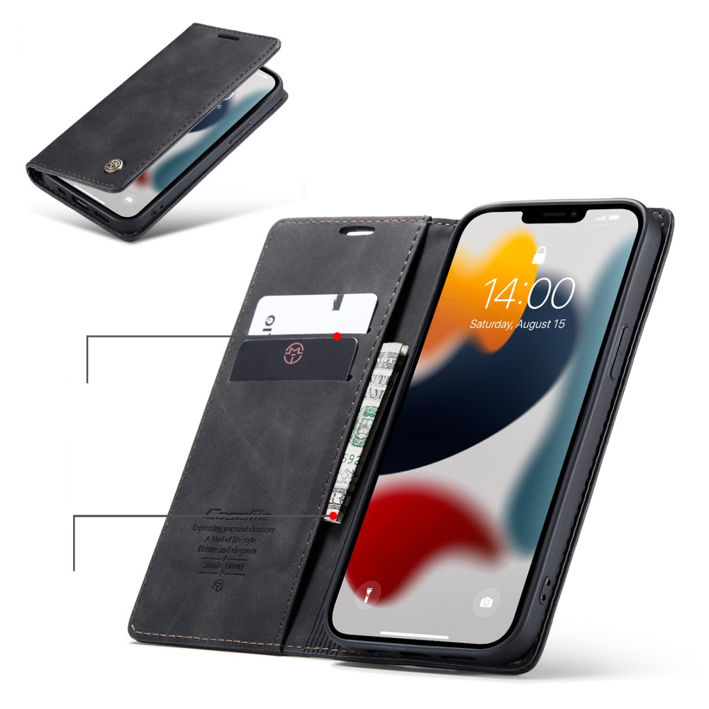 iPhone 13 Pro Leder Tasche Flip Wallet Etui mit Kartenfächern - Schwarz