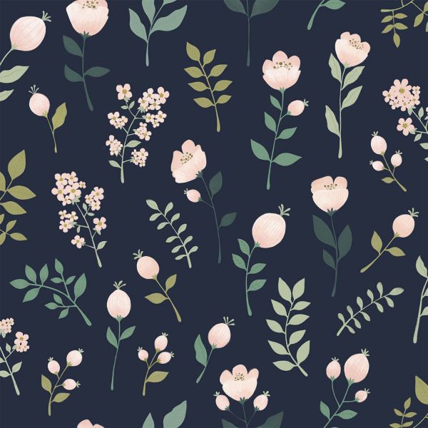 Estahome Bloemen Behang I - 0,53 x 10,05 m - Donkerblauw / Roze / Groen
