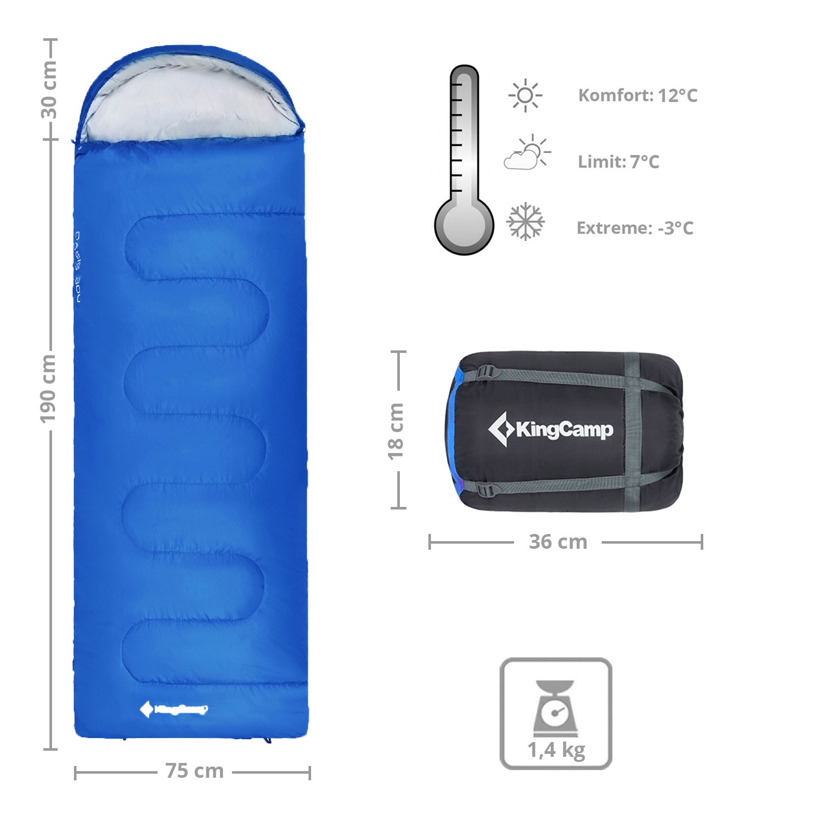 KINGCAMP Decken Schlafsack Oasis 250 Sommer Camping Outdoor 2,2m Lang&Breit -3°C Variante: Royal Blue - Zipper L