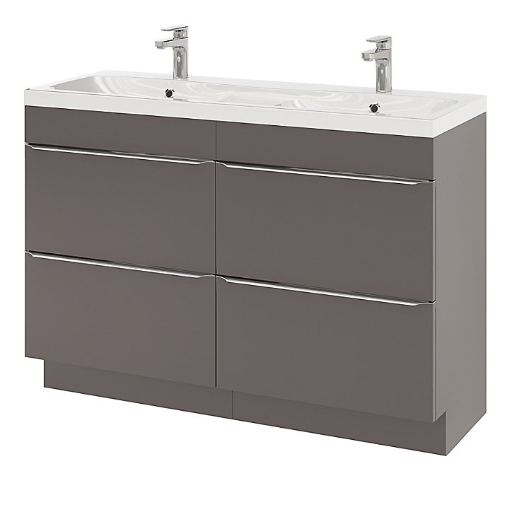 Ensemble salle de bains l.120 cm meuble à poser Imandra gris taupe brillant + plan double vasque résine blanc
