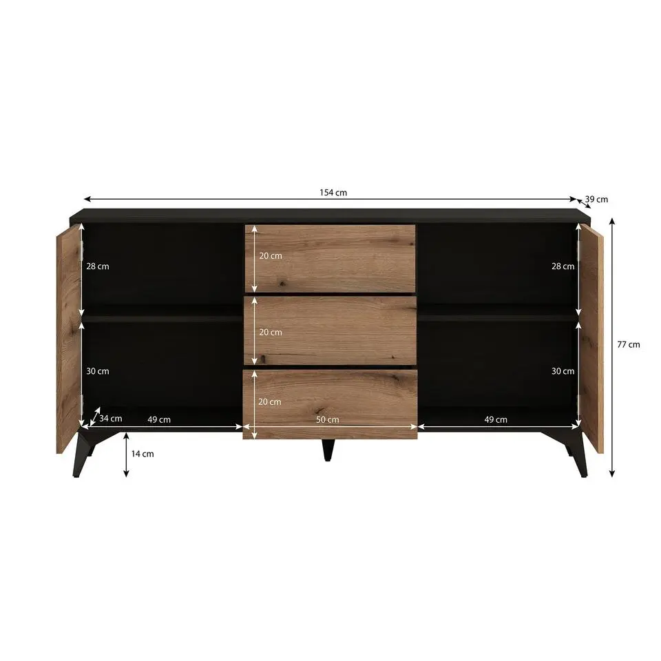 Meubella - Dressoir Dolores - Eiken - Zwart - 154 cm - met lades