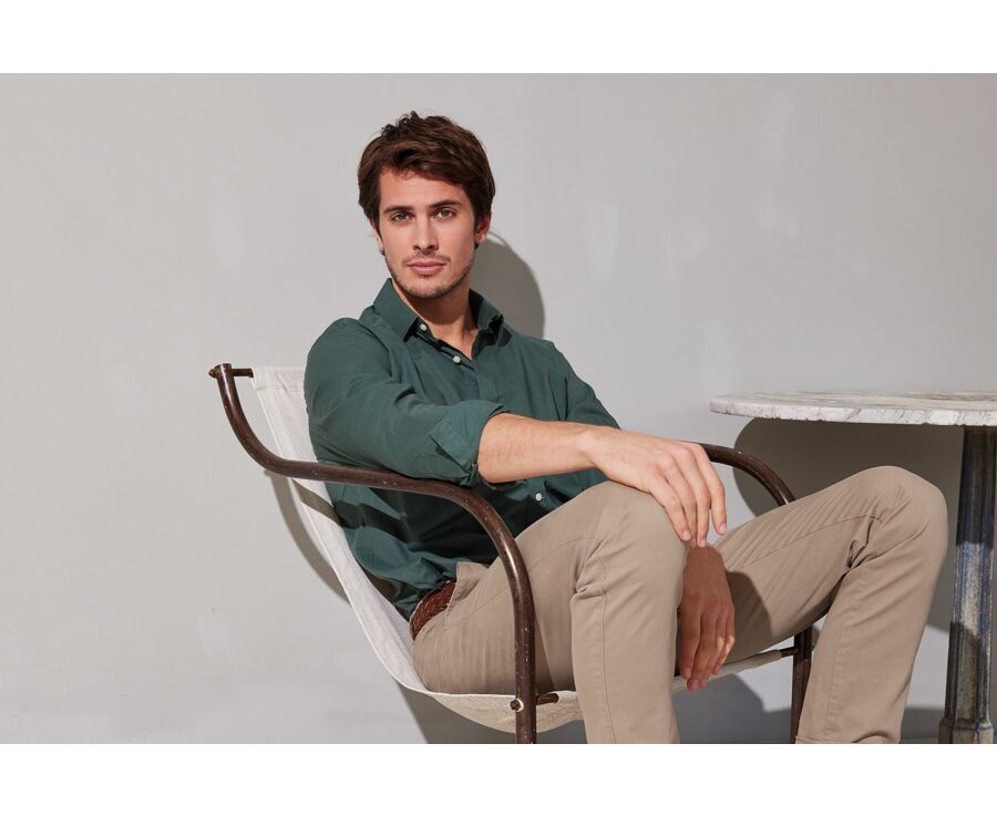 Chemise coton lin vert foncé unie - SILBERT