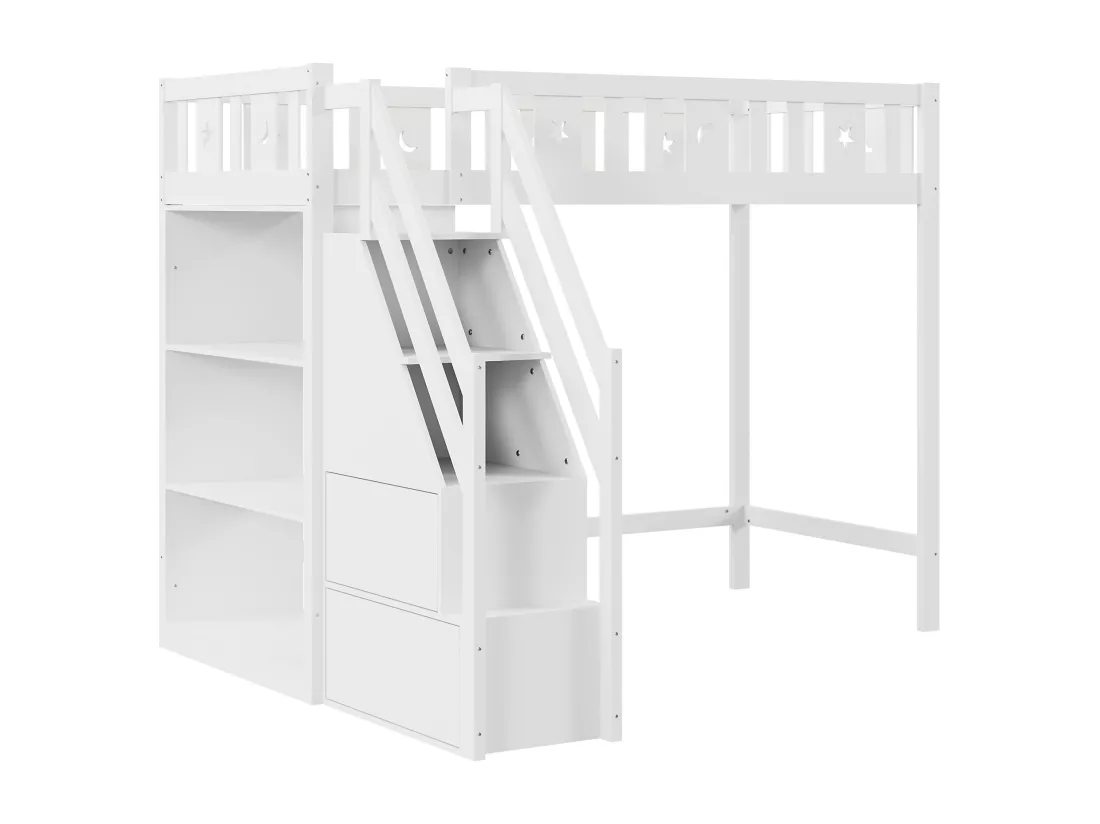 Lit mezzanine 90 x 200 cm avec échelle de rangement et étagères - Bois de pin et MDF - Blanc