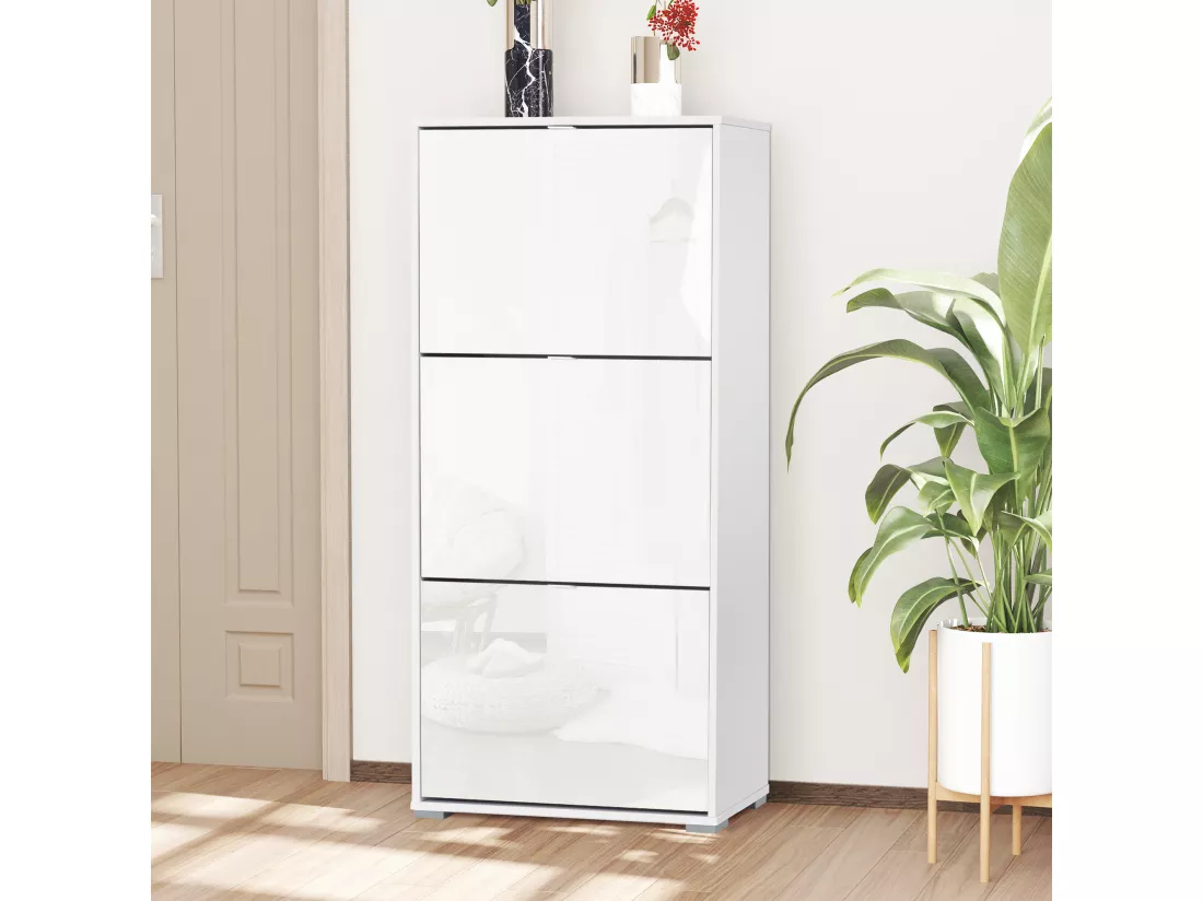 Meuble à chaussures 3 portes abattantes 3 compartiments MDF blanc laqué