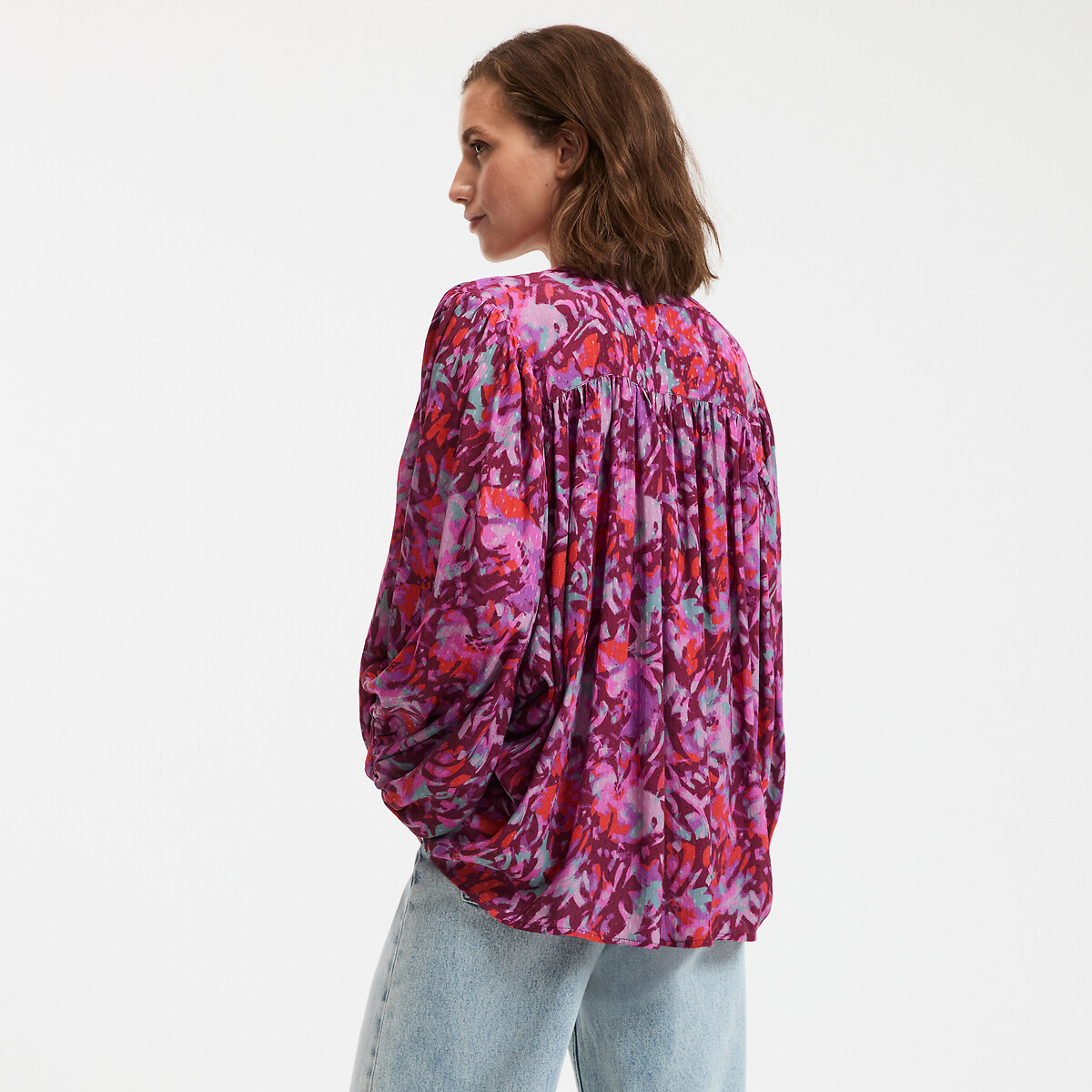 COLEÇÃO LA REDOUTE<br>Blusa com gola mandarim e estampa floral, mangas 3/4
