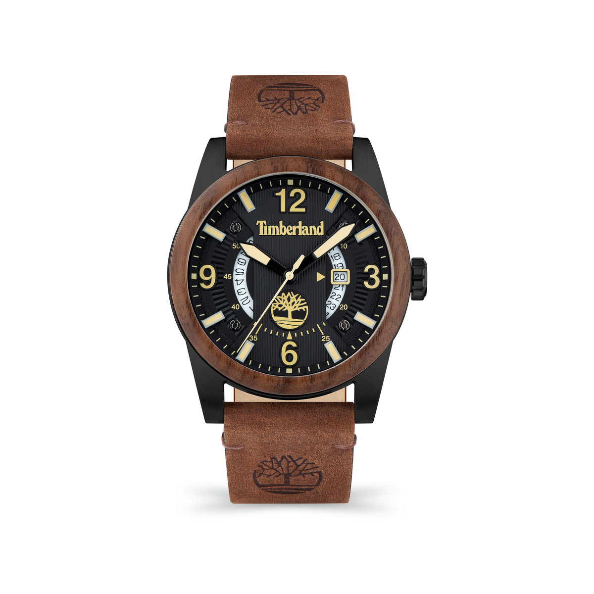Montre Timberland homme multifonction acier noir bracelet cuir marron