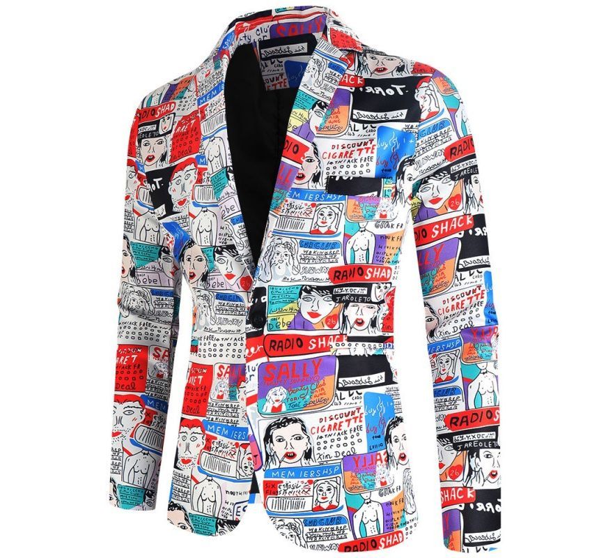 Sheck - Cartoon Print Single-Button Blazer / Vest / Rechte Broek / Set
