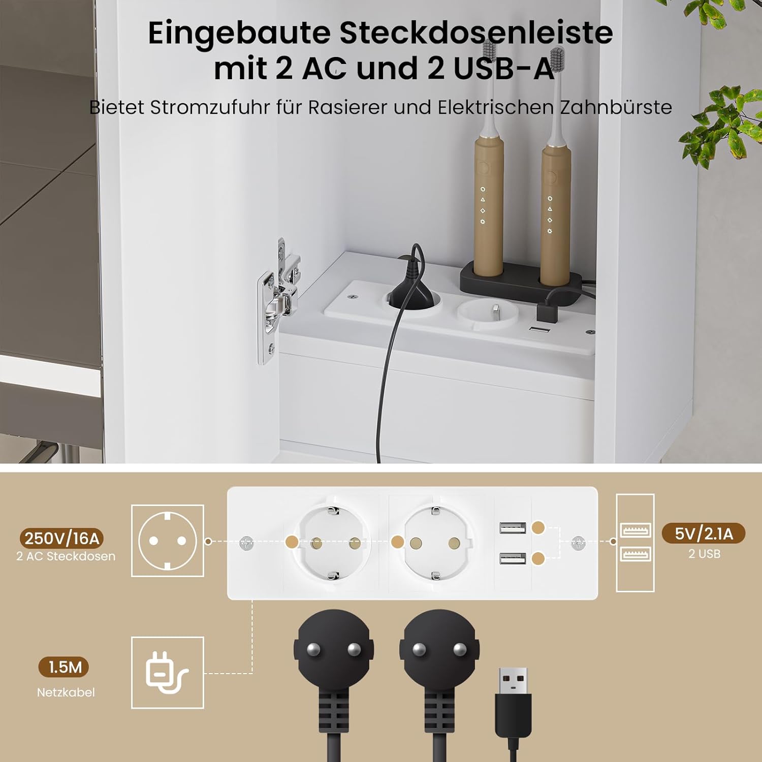 DICTAC Spiegelschrank Bad mit Beleuchtung und Steckdose Badezimmerschrank mit Spiegel und Verstellbarem Regal,Badschrank mit 3 Türen,Wandschrank,Hängeschrank,3 Farbtemperatur Dimmbare,80x60x16cm,Weiß