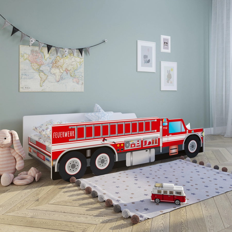 Kids Collective Autobett 80x160 cm Feuerwehr Spielbett Kinderbett mit Rausfallschutz und Lattenrost rot