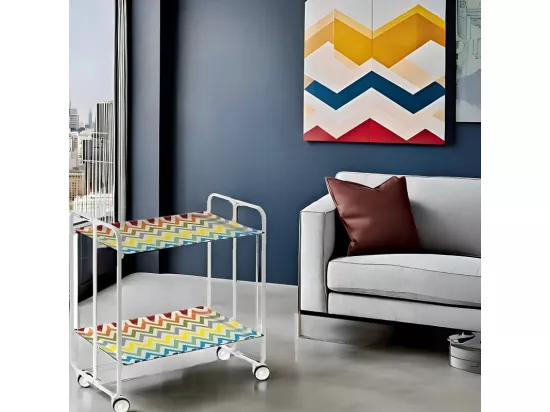 Chariot pliant à roulettes, table pliante roulante, desserte - Structure métallique blanche, 2 niveaux en stratifié motif Zigzags couleurs - 72*66*43 cm - BAUHAUS