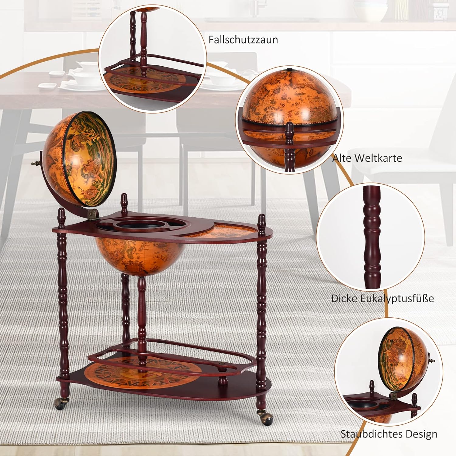 COSTWAY Globusbar Minibar Weltkugel Weinregal Flaschenregal Globus Bar Hausbar Cocktailbar Dekobar Tischbar, mit Rollen, mit Tischplatte